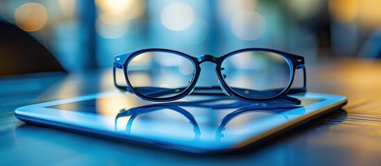Poster - Blue reading glasses resting on a digital tablet PC with empty space for text or images suitable for placement of a copy space image