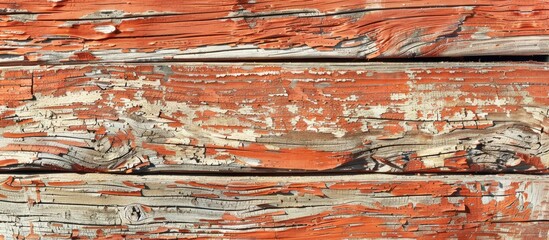 Wall Mural - Detailed photo of a weathered and scratched old plank featuring a light red brown painted natural wood background with copy space image