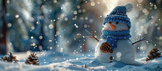 Poster - A charming snowman wearing blue winter attire stands in a forest park crafted with pine cones as eyes and buttons set against a snowy scene offering copy space for text or graphics