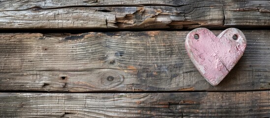 Poster - Heart shape in pink set against a rustic wooden background with copy space image