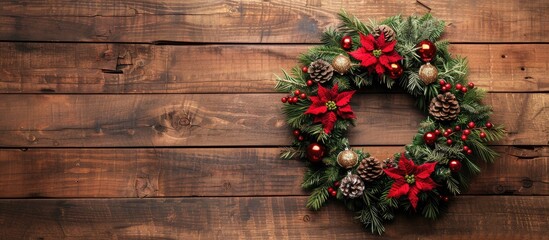 Aufkleber - Top view of a Christmas wreath decoration on a wooden background with copy space image