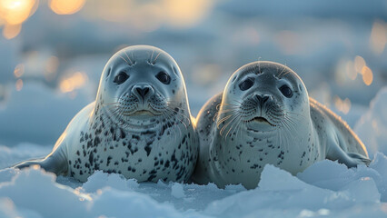 Wall Mural - Two Adorable Sea Otters Floating in Icy Water with Snowflakes

