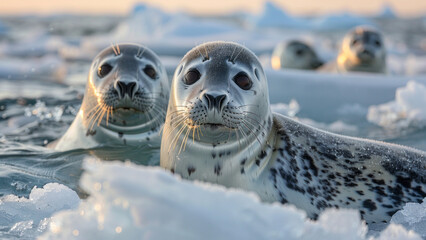 Wall Mural - Two Adorable Sea Otters Floating in Icy Water with Snowflakes

