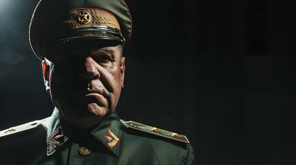 Strong dictator man facing the camera, military general, with military outfit, dictatorship or soviet union concept image 