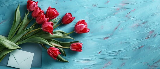 Poster - Mother s Day greeting gift design featuring red tulip bouquet and card on a vibrant blue table setting ideal for a copy space image