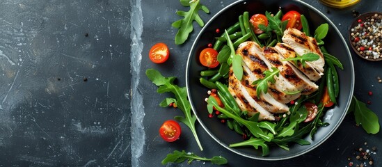 Aufkleber - Healthy lunch featuring chicken green beans arugula tomatoes and vinaigrette on a stone or slate background Promotes proper nutrition and a healthy lifestyle Shot from above with copy space image