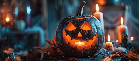 Poster - A pumpkin with carved features lit by candles in darkness serves as a Halloween symbol in this copy space image