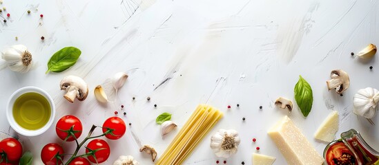Poster - Italian pasta ingredients like cherry tomatoes mushrooms garlic basil leaves parmesan mozzarella spaghetti olive oil and cream atop a white background with copy space image