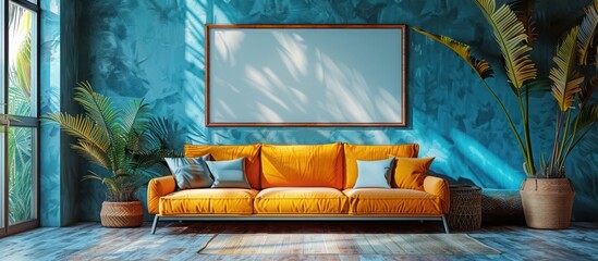 Wall Mural - Tropical Living Room with Yellow Sofa and Blank Canvas