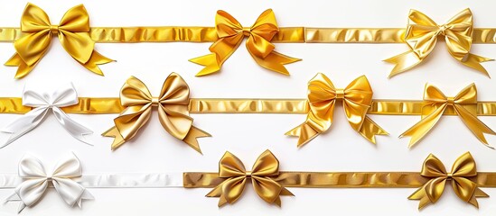 Poster - A collection of elegant satin ribbons in gold with bows arranged horizontally isolated on a white background for a copy space image