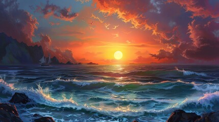 Wall Mural - A sunset over the ocean, painting the sky with vibrant hues and casting a golden glow across the water.