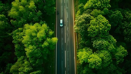 Aerial view of a car driving on a highway road in a green forest