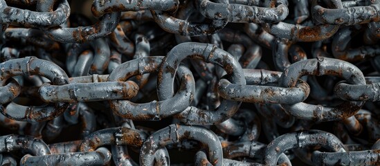 Poster - Steel chain links in various lengths have a random curly appearance in the copy space image