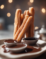 Wall Mural - crispy churros dusted with cinnamon sugar, served with a chocolate dipping sauce