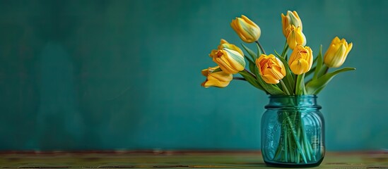 Poster - Yellow tulips arranged in a blue glass vase against a green backdrop with ample copy space image
