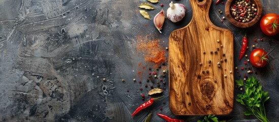 Leinwandbilder - Flat lay on a textured gray table featuring a wooden cutting board spices and copy space image for text