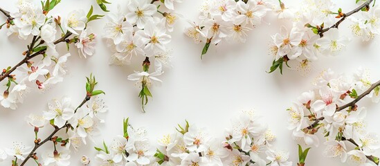 Aufkleber - A floral arrangement with spring cherry blossoms set against a white backdrop creates a lovely copy space image