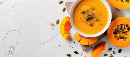 Aufkleber - Creamy roasted pumpkin and carrot soup with pumpkin seeds set against a white backdrop A cutting board displays butternut squash slices with vibrant green accents Room for a copy space image