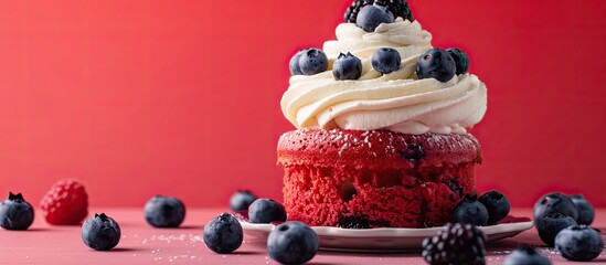 Aufkleber - Red wrapper surrounds cake topped with cream and blueberries in a copy space image