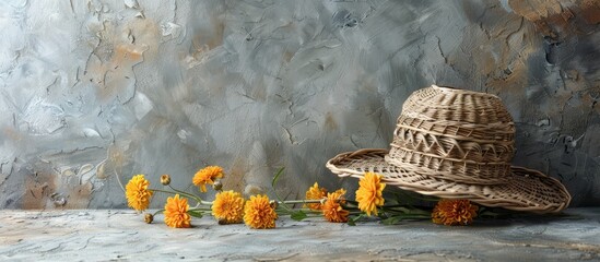 Fototapete - Chrysanthemum flowers and a wicker hat on a textured grey table with ample space for text image