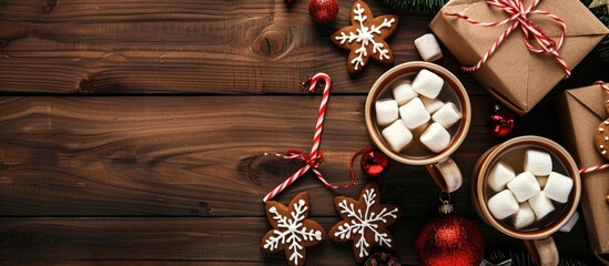 Leinwandbilder - Festive Christmas drink with marshmallows gingerbread cookies and gift boxes on a wooden table Overhead view with ample copy space image for your greetings