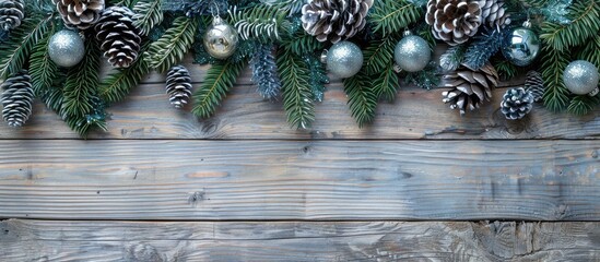 Poster - Horizontal banner featuring a Christmas border with pine branches adorned in blue and silver Santa Claus pine cones on a natural wood backdrop with copy space image