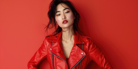 A woman wearing a bold red leather jacket poses confidently for the camera, with a neutral background