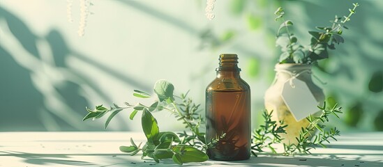 Aufkleber - Still life composition featuring herbs a brown glass bottle of essential oil and a white tag set against a light blue and white background with sunlight and shadow creating a serene atmosphere for a