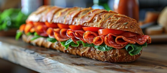 Poster - Close-up of a Salami and Tomato Sandwich on a Rustic Wooden Board