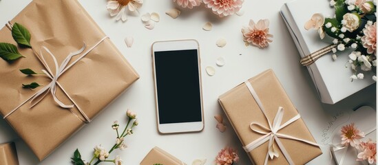 Aufkleber - Top view of a white table with a mobile phone displaying a blank screen an open notebook various gift boxes and flowers ready for photography with copy space image