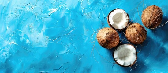 Aufkleber - Coconut fruits on a bright blue background creating an abstract tropical food concept with an angled view for a copy space image