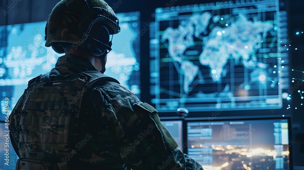 Soldier in war room using maps and screens for tactical operations. Concept Military Strategy, War Room Operations, Tactical Planning, Command Center Technology, Soldier Deployment