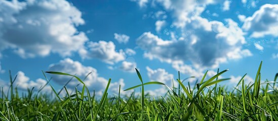 Fototapete - Detailed shot of a lush field showing the texture of the green grass against a backdrop of a blue sky adorned with fluffy clouds Focus on a single blade of grass allowing for added text in the image
