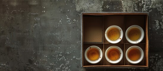 Aufkleber - Tea set in a box against a concrete backdrop with ample copy space image
