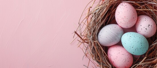 Canvas Print - Colorful Easter eggs nestled in a nest on a soft pink pastel background with available copy space image