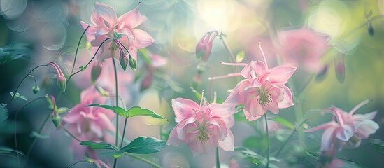 Poster - Blurry close up photo of pink columbine flowers known as granny s bonnet in a garden setting with selective focus creating an artistic copy space image