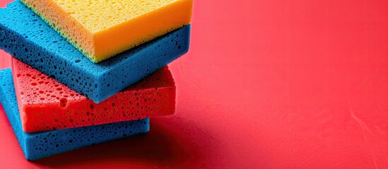 Poster - Colorful sponges on a red backdrop with a copy space image for a cleanup day featuring a sponge cleaning kit for housework housekeeping and household chores