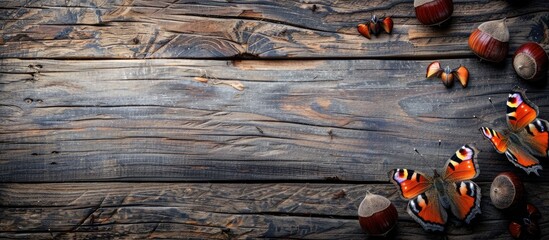 Wall Mural - Wooden background showcasing European sweet chestnuts and helicon butterflies seen from above with room for text in the image. with copy space image. Place for adding text or design