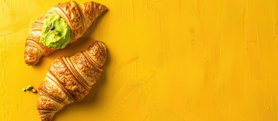 Aufkleber - A tasty homemade croissant with pistachio filling on a textured yellow background Copy space image available for text in this flat lay setting