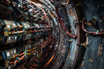 Poster - a detailed view of electrical wiring inside a massive metal tube, electrical wiring snakes its way u