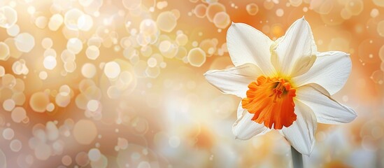 Poster - Close up shot of a white and orange daffodil flower with a luminous backdrop ideal for a copy space image