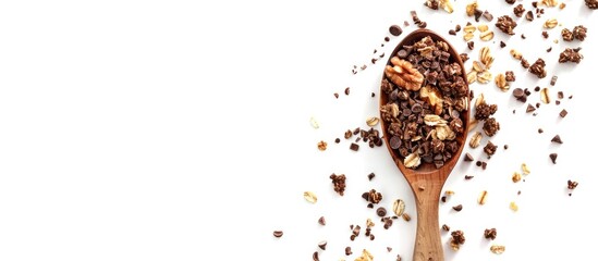Aufkleber - Wooden spoon with chocolate granola and nuts isolated on white background for copy space image