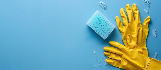 Poster - Cleaning tools and accessories for home kitchen and bathroom with a blue background featuring rubber gloves a sponge and a dustpan ideal for a copy space image