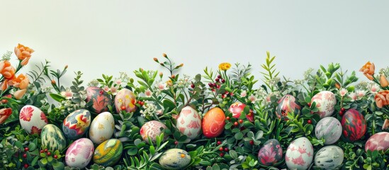Poster - Floral arrangement with boxwood and colorful eggs suitable for an Easter card with space for text or images. with copy space image. Place for adding text or design