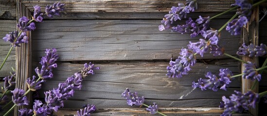 Aufkleber - Selective focus on a lavender frame against a rustic wooden backdrop with empty space for text or image insertion. with copy space image. Place for adding text or design