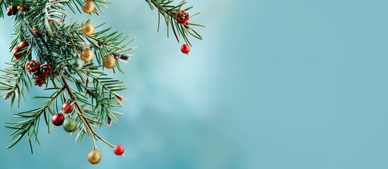 Aufkleber - Christmas ornaments adorn a coniferous branch against a blue background in a serene copy space image