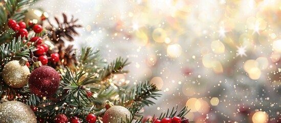 Aufkleber - Festive Christmas card with fir branches and ornaments on a sparkling background with copy space image