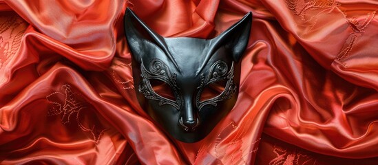 Aufkleber - A black leather cat mask displayed on a vibrant red silk backdrop with lace details ideal for masquerade or carnival themes shown from a top view offering a copy space image