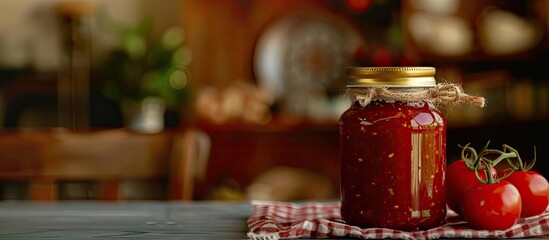 Aufkleber - Jar of tomato paste displayed on the table cloth with copy space image