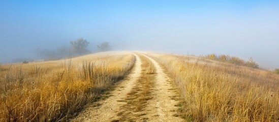 Aufkleber - Scenic walking trail within a foggy setting with a blue sky backdrop perfect for photos with a large blank space for text or graphics. with copy space image. Place for adding text or design